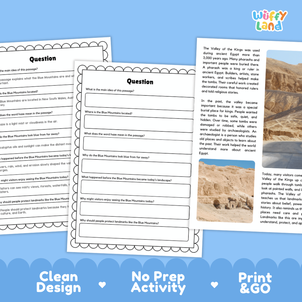 Student reading passage titled Ancient Tombs in Egypt detailing Valley of the Kings pharaohs archaeological history and Luxor desert photography