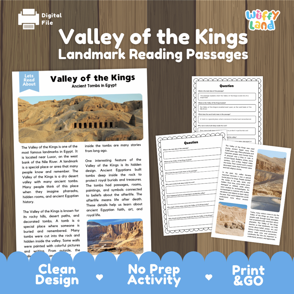 Valley of the Kings landmark reading passages educational study unit featuring nonfiction reading worksheets and authentic Egyptian desert tomb photography