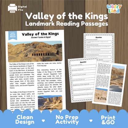 Valley of the Kings landmark reading passages educational study unit featuring nonfiction reading worksheets and authentic Egyptian desert tomb photography