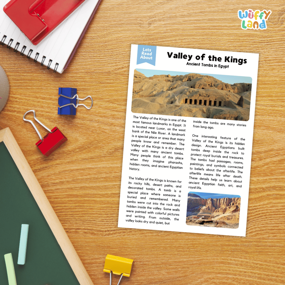 Lined reading comprehension question worksheet covering main ideas vocabulary terms and landmark facts about the Valley of the Kings