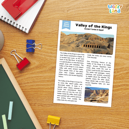 Lined reading comprehension question worksheet covering main ideas vocabulary terms and landmark facts about the Valley of the Kings