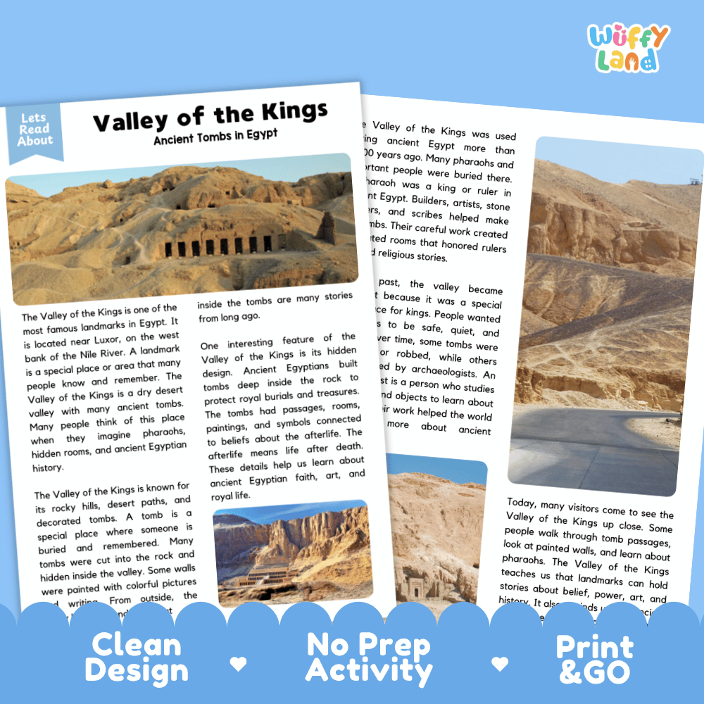Reference sheet and answer key for Valley of the Kings landmark reading passage displaying completed comprehension answers and ancient Egypt facts
