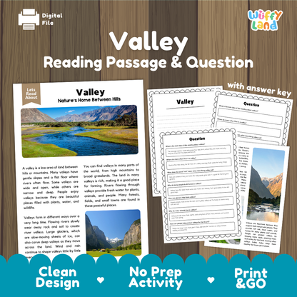 Digital reading activity product cover for 'Valley Reading Passage & Question' by Wiffy Land, showing sample worksheet pages on a wood-textured background with blue footer banners.