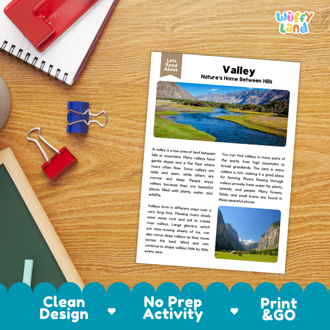 Valley Reading Passage and Comprehension Questions Worksheets Landforms