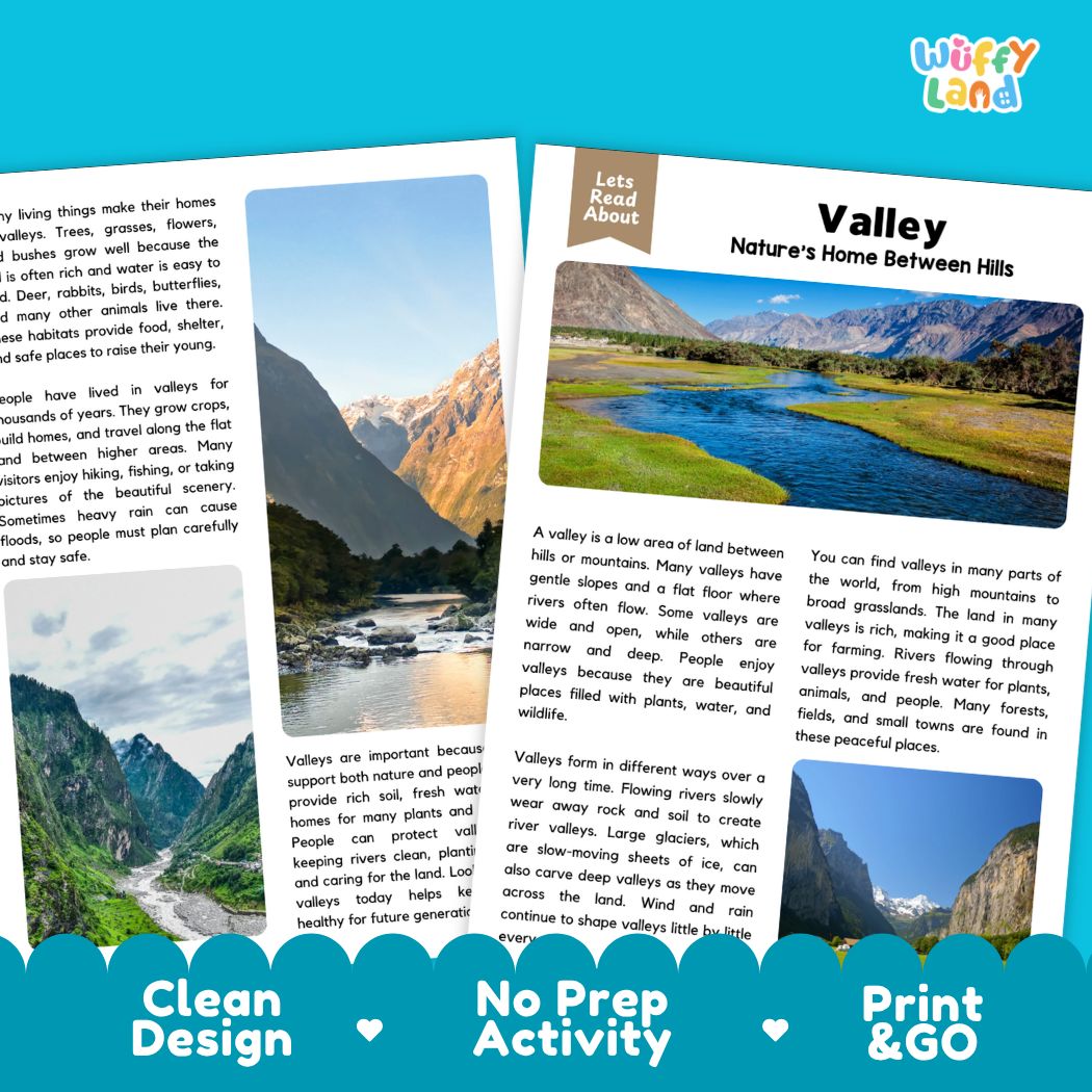 Valley Reading Passage and Comprehension Questions Worksheets Landforms
