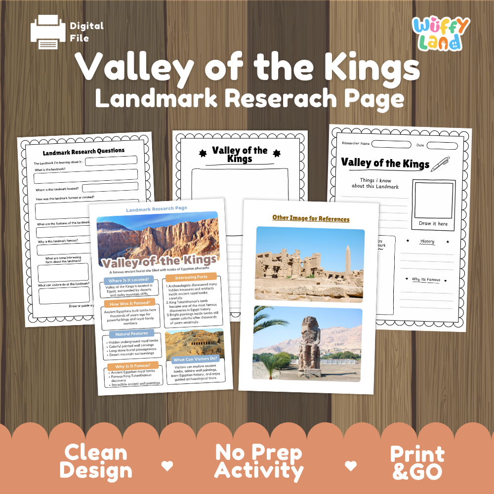 Digital worksheet bundle cover for 'Valley of the Kings Landmark Research Page' by Wiffy Land, shown on a wood background with sample pages and a 'Digital File' badge.