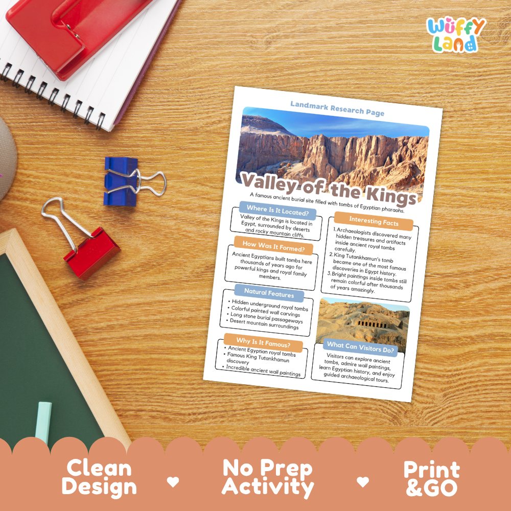 A printed educational activity sheet titled 'Valley of the Kings' lies on a wooden desk, surrounded by school supplies including a spiral notebook, red and blue binder clips, and a chalkboard. The sheet has a clean design with a canyon photo, text boxes, and a colorful orange footer banner reading 'Clean Design', 'No Prep Activity', and 'Print & GO'.
