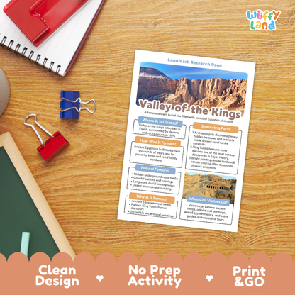 A printed educational activity sheet titled 'Valley of the Kings' lies on a wooden desk, surrounded by school supplies including a spiral notebook, red and blue binder clips, and a chalkboard. The sheet has a clean design with a canyon photo, text boxes, and a colorful orange footer banner reading 'Clean Design', 'No Prep Activity', and 'Print & GO'.