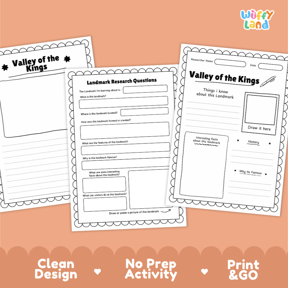 Three printable worksheet pages for a 'Valley of the Kings' activity are shown on a peach background with promotional text at the bottom. The pages include writing prompts, a map area, and a drawing section.