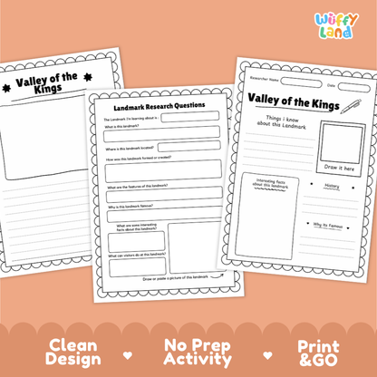 Three printable worksheet pages for a 'Valley of the Kings' activity are shown on a peach background with promotional text at the bottom. The pages include writing prompts, a map area, and a drawing section.