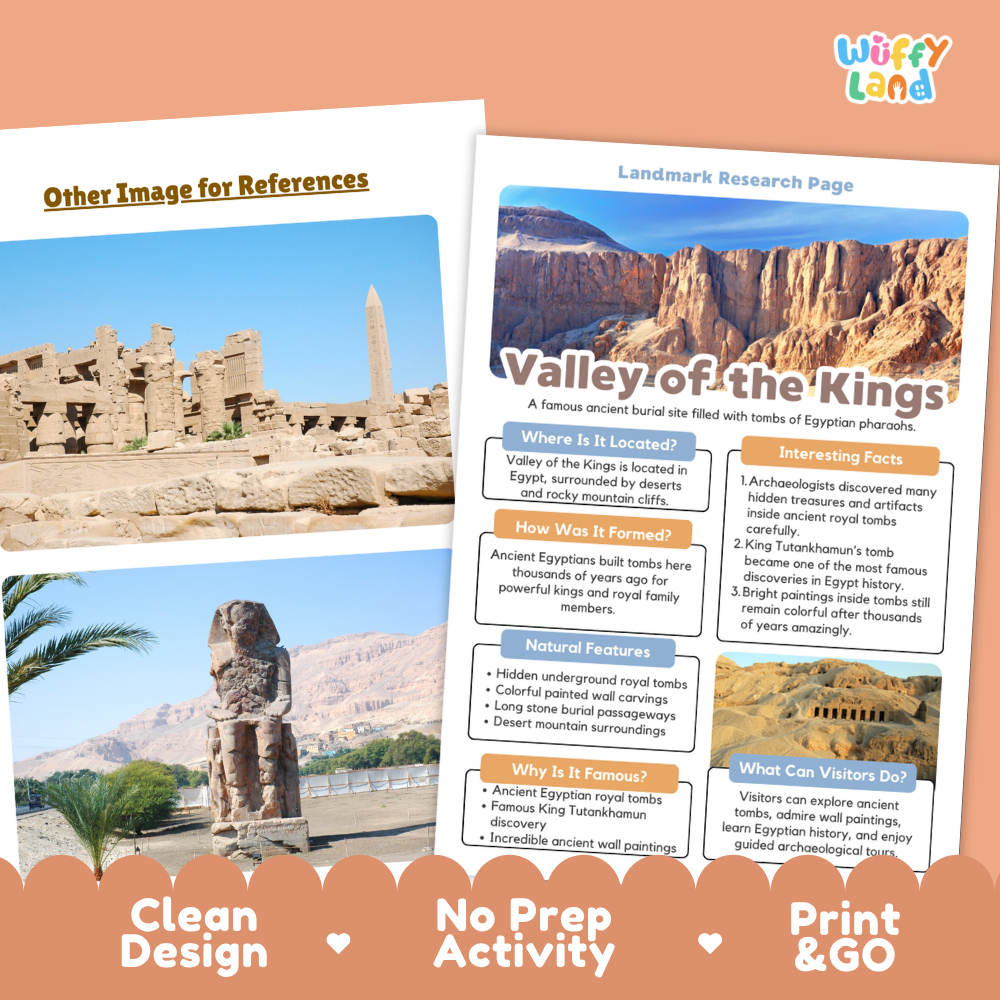 Two educational poster prints about the Valley of the Kings in Egypt, displayed on a light peach background with a decorative dark orange banner at the bottom. The left poster features a landscape photo of the ancient ruins, and the right poster is a labeled research-page style layout with text boxes.
