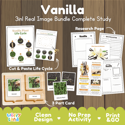 Vanilla 3in1 real image bundle complete study printable featuring life cycle cut and paste worksheets, Montessori 3-part cards, and research pages