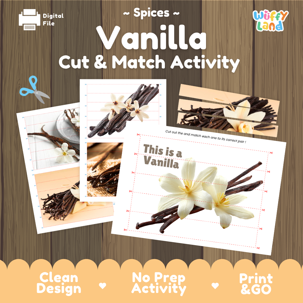 Vanilla cut and match activity cover showing printable fine motor puzzle sheets and spice photographs