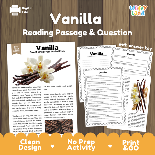 Vanilla reading comprehension passage and questions printable activity pack with answer key for elementary students