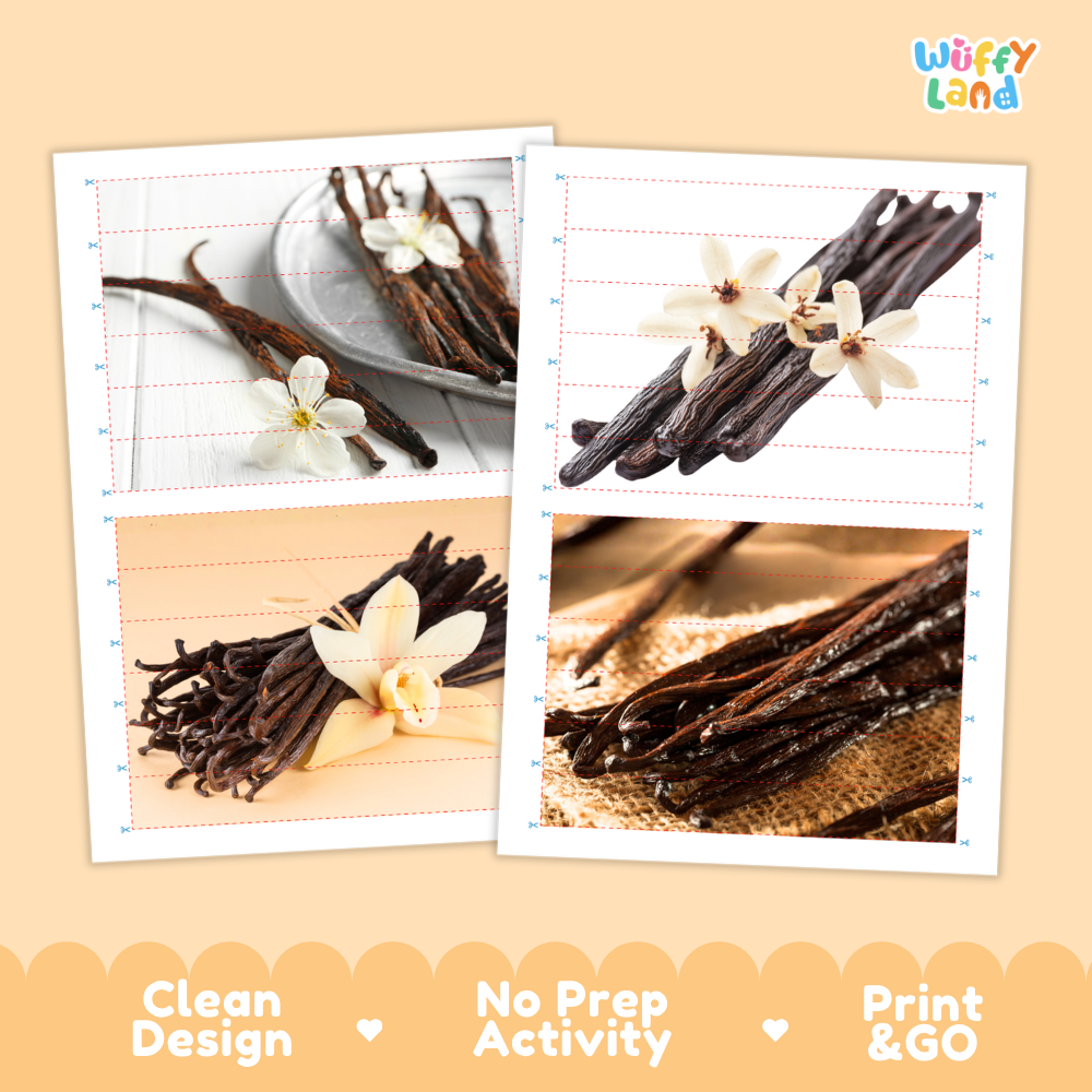 Printable activity sheets featuring photographic vanilla puzzle boards and cutting guides