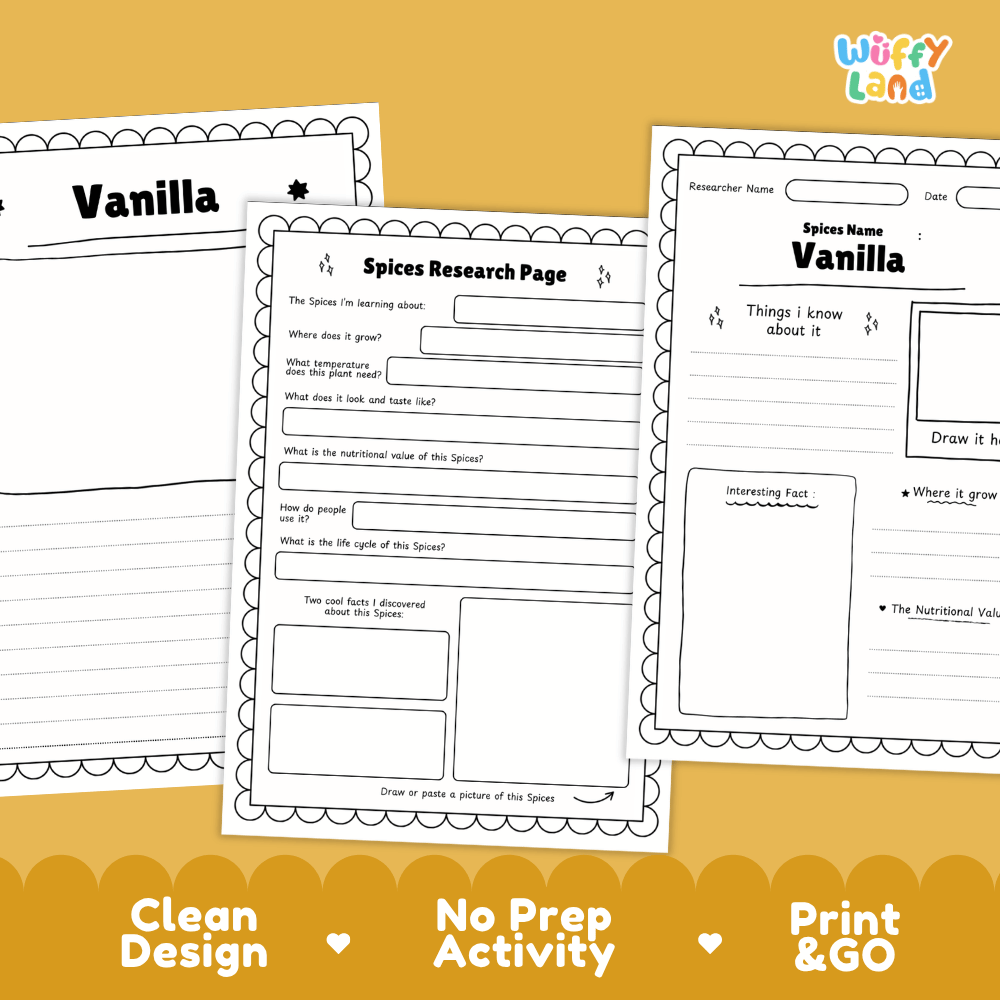 Vanilla Spices Research Page Worksheets and Fact Sheet