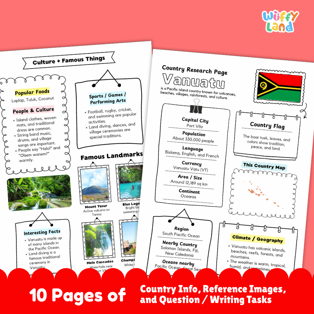 Vanuatu Country Research Project Worksheets and Activity Pages