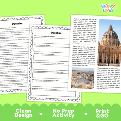 Student reading passage titled A Tiny Country in Rome detailing Vatican City St. Peter's Basilica pizza and religious landmark photography