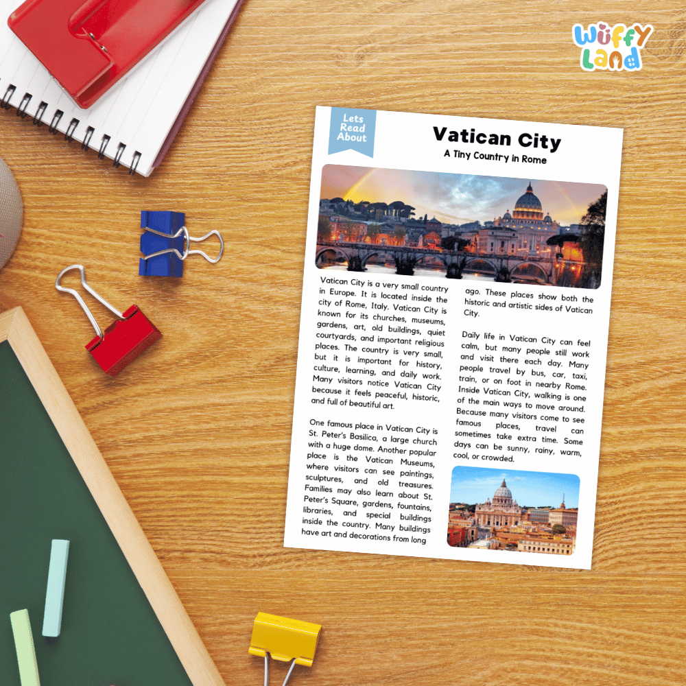 Lined reading comprehension question worksheet covering main ideas vocabulary terms and landmark facts about Vatican City Rome
