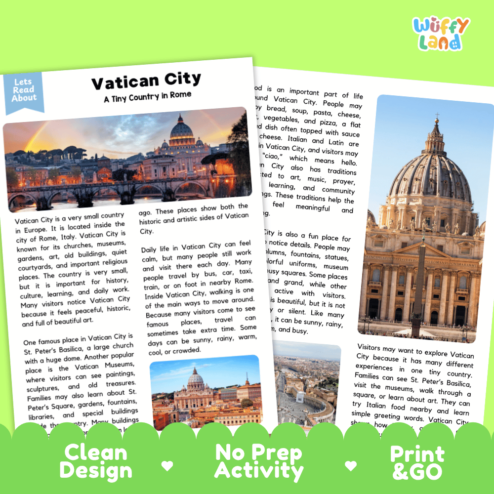 Reference sheet and answer key for Vatican City landmark reading passage displaying completed comprehension answers and European geography facts