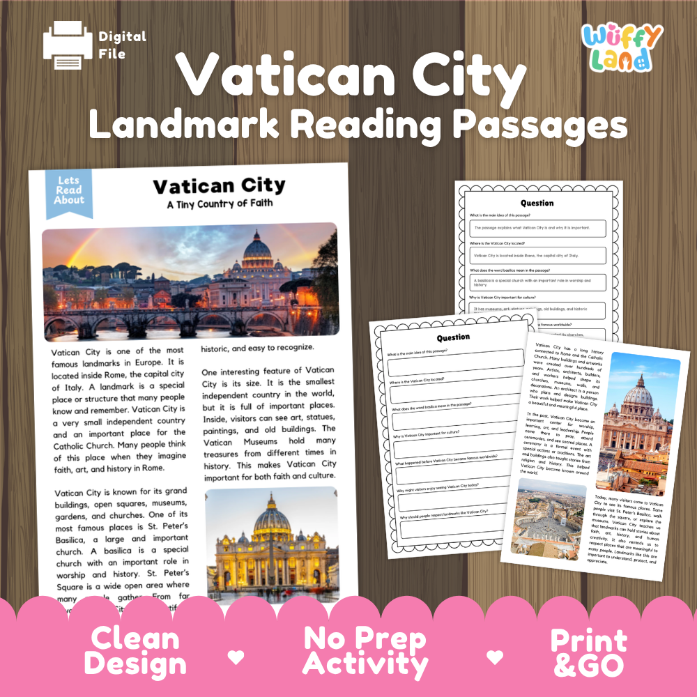 Digital reading activity bundle for 'Vatican City Landmark Reading Passages' by Wiffly Land, featuring printable pages on a dark wood background with a pink banner at the bottom.
