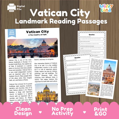 Digital reading activity bundle for 'Vatican City Landmark Reading Passages' by Wiffly Land, featuring printable pages on a dark wood background with a pink banner at the bottom.