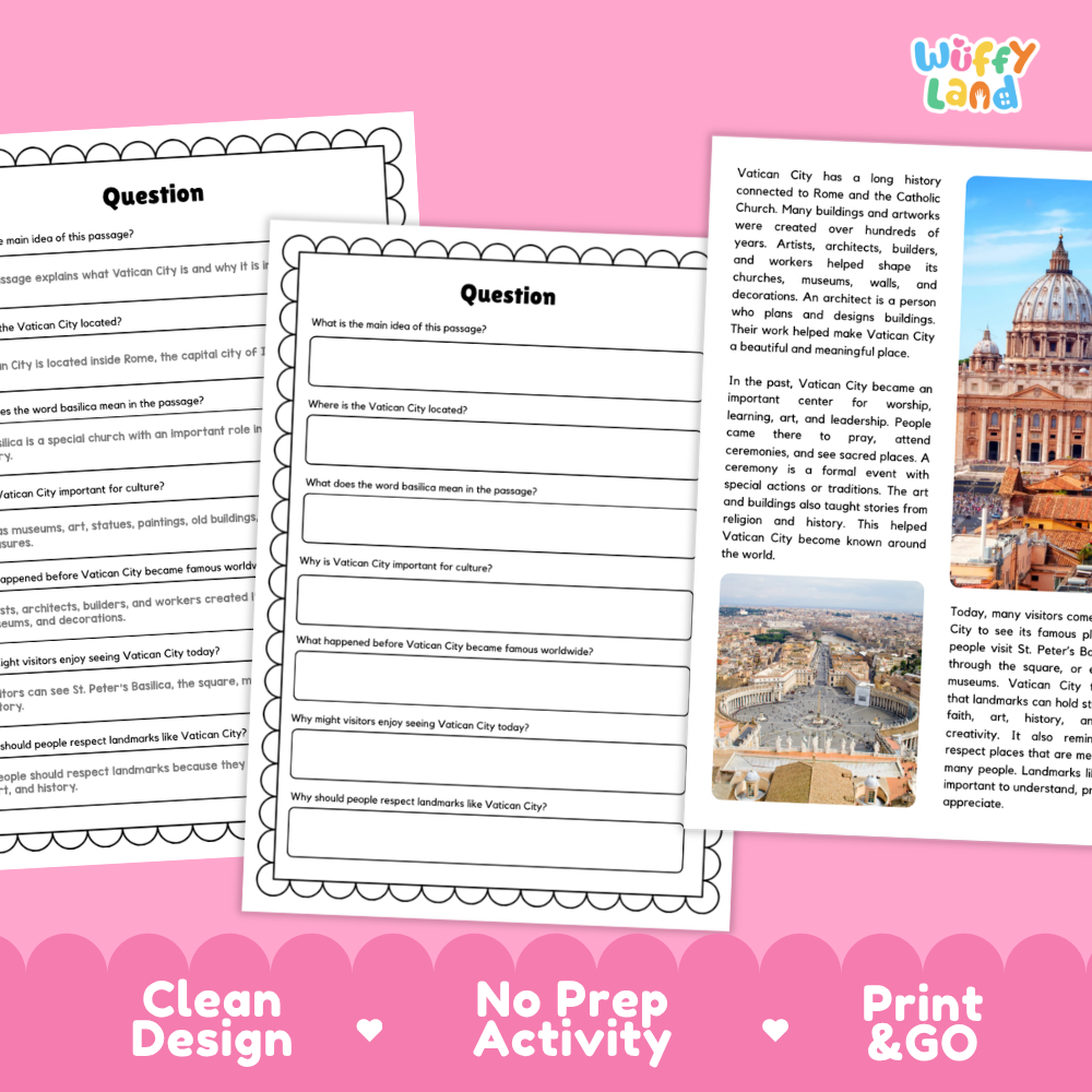 Vatican City Landmark Reading Passages and Comprehension Questions Worksheets