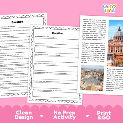 Vatican City Landmark Reading Passages and Comprehension Questions Worksheets