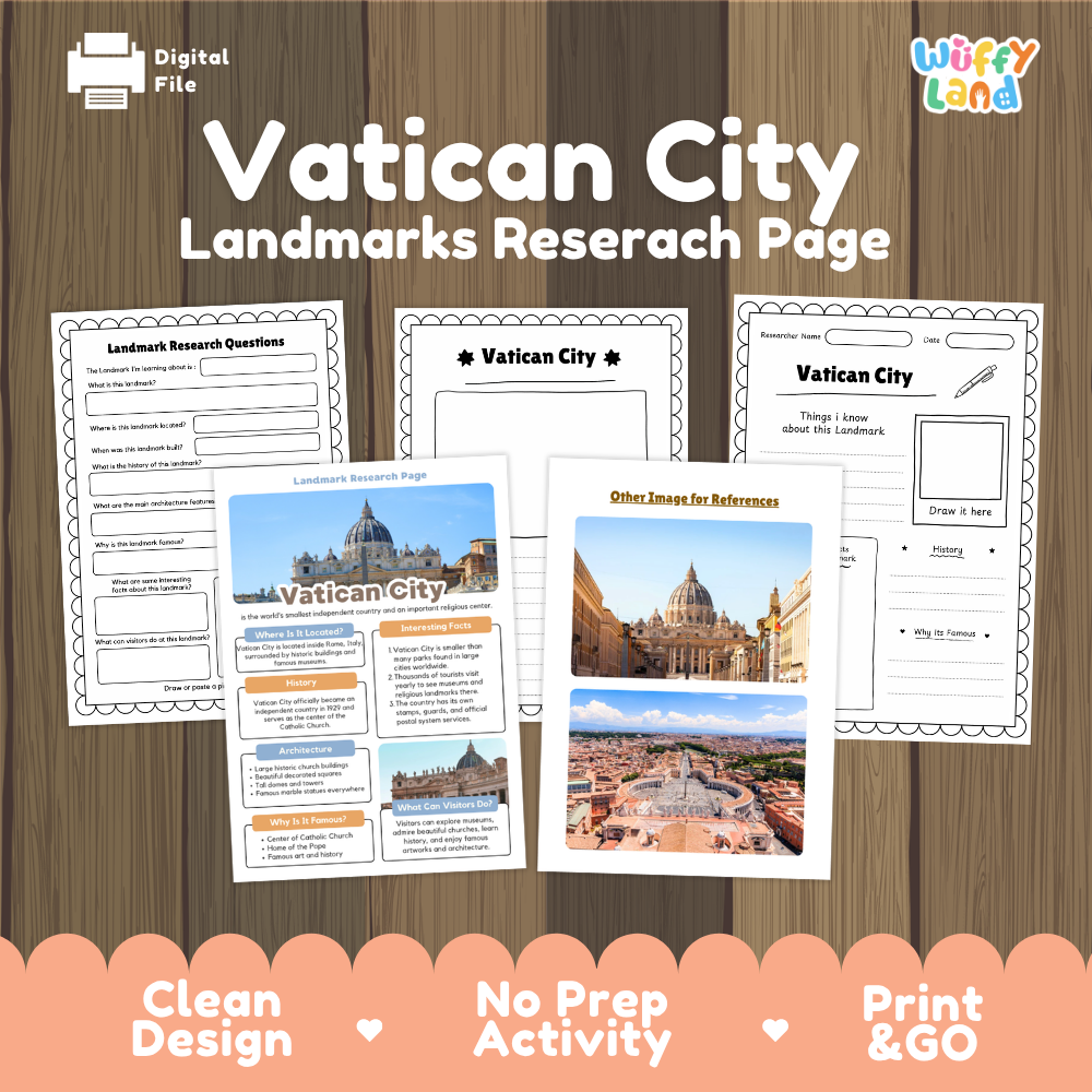 Vatican City landmarks research page activity sheet set by Wiffy Land, displayed on a wood background with promotional text at the bottom.