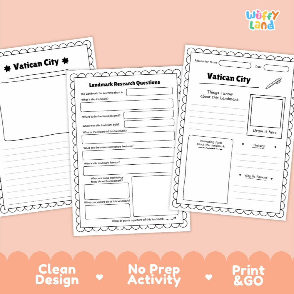 Three printable worksheet pages for learning about Vatican City, shown on a peach background with decorative text at the bottom. The sheets include writing prompts, labeled sections, and a small 'Wiffy Land' logo in the top right.