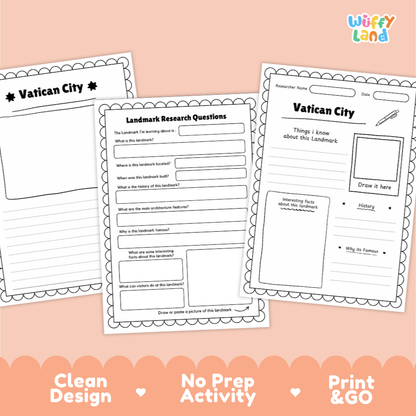 Three printable worksheet pages for learning about Vatican City, shown on a peach background with decorative text at the bottom. The sheets include writing prompts, labeled sections, and a small 'Wiffy Land' logo in the top right.