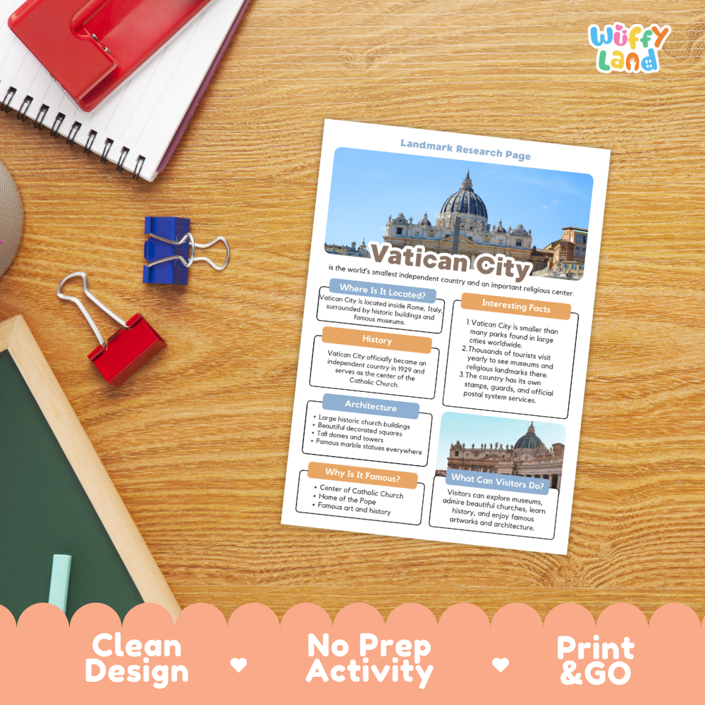 A printed Vatican City landmark research page laid on a wooden desk, surrounded by school supplies including a red spiral notebook, blue and red binder clips, a green chalkboard, and a pink decorative banner at the bottom. The page has a clean design with a large photo of the Vatican dome and text sections about the site.