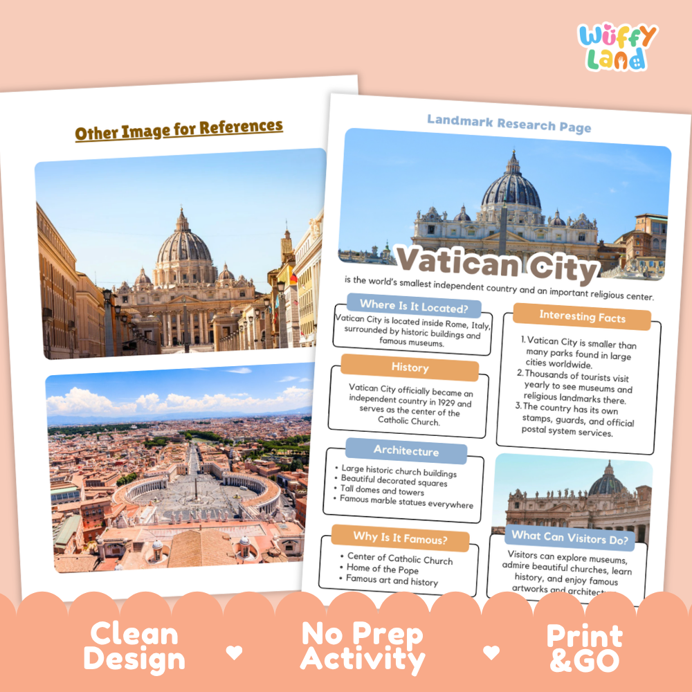 An educational activity sheet about Vatican City, featuring a map, architectural photos of St. Peter's Basilica and the Roman Forum, and text sections.