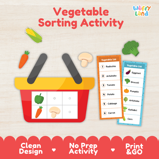 Vegetable sorting activity cover showing red shopping basket vegetable checklists and fresh garden vegetable cutouts