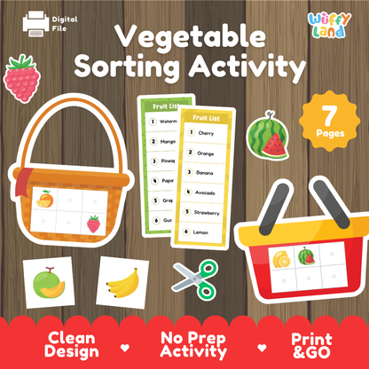 Vegetable sorting activity cover showing shopping basket grocery cart fruit checklists and produce tokens