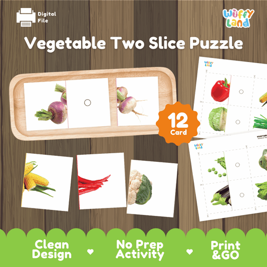 Vegetable two slice puzzle printable realistic food matching activity pack overview from Wuffy Land featuring 12 cards 🥕🥦