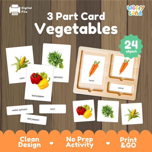 Vegetables 3 part cards Montessori printable featuring 24 vegetables with realistic pictures, word labels and matching cards