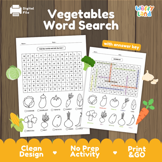 Vegetables Word Search with answer key printable vocabulary and coloring activity pack overview from Wuffy Land 🥦🥕