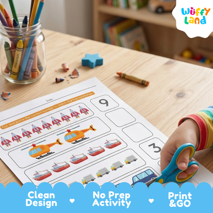 Full color preschool math worksheet counting 1 to 5 with pickup trucks boats dump trucks airplanes and traffic lights