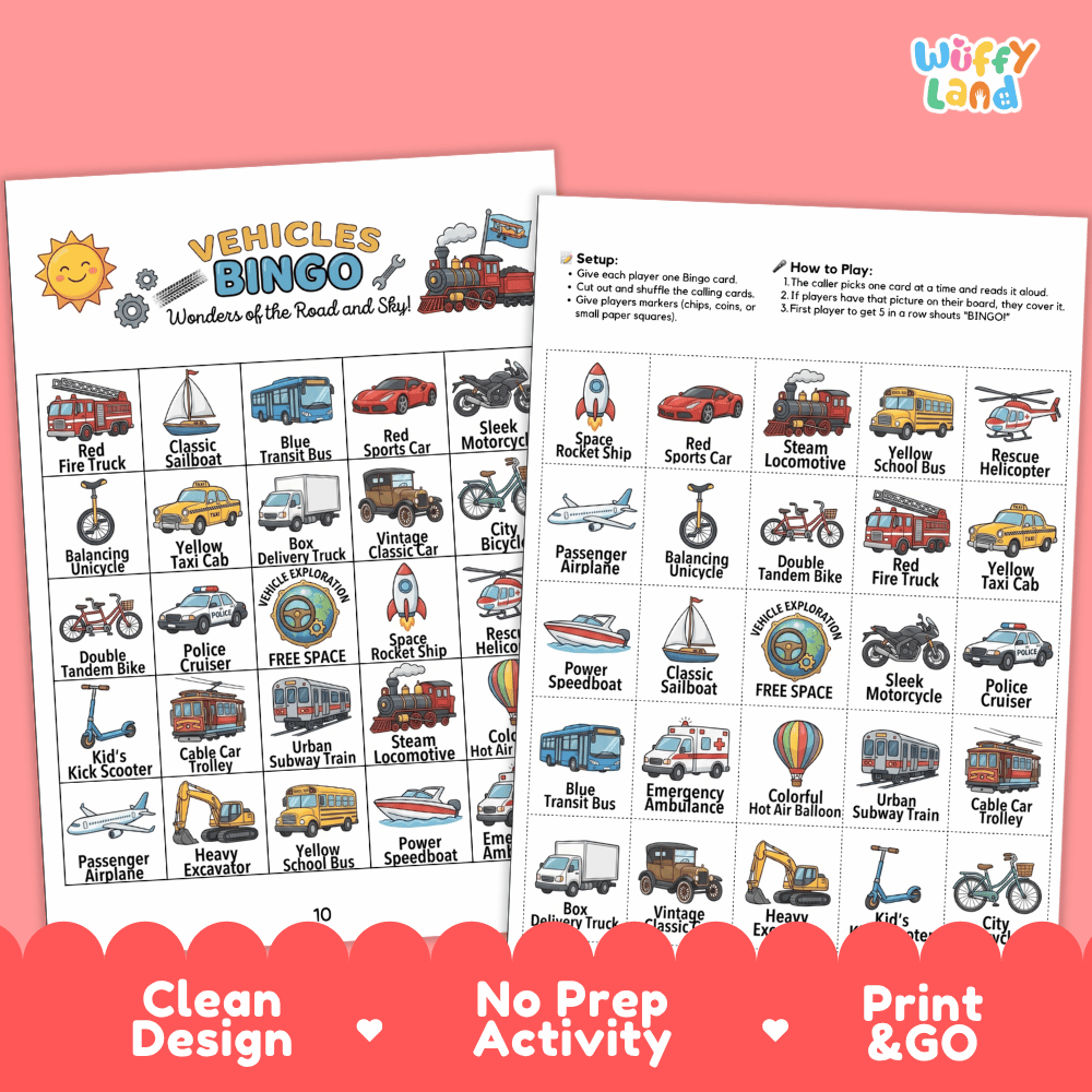 Vehicles Bingo Games Printable Transportation Activities
