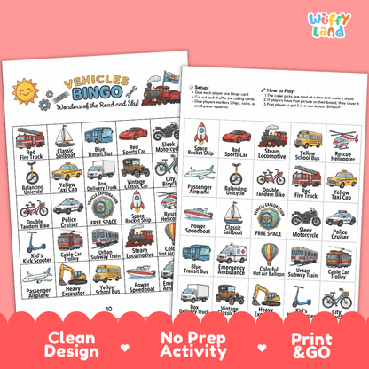 Vehicles Bingo Games Printable Transportation Activities