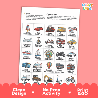 Vehicles Bingo Games Printable Transportation Activities