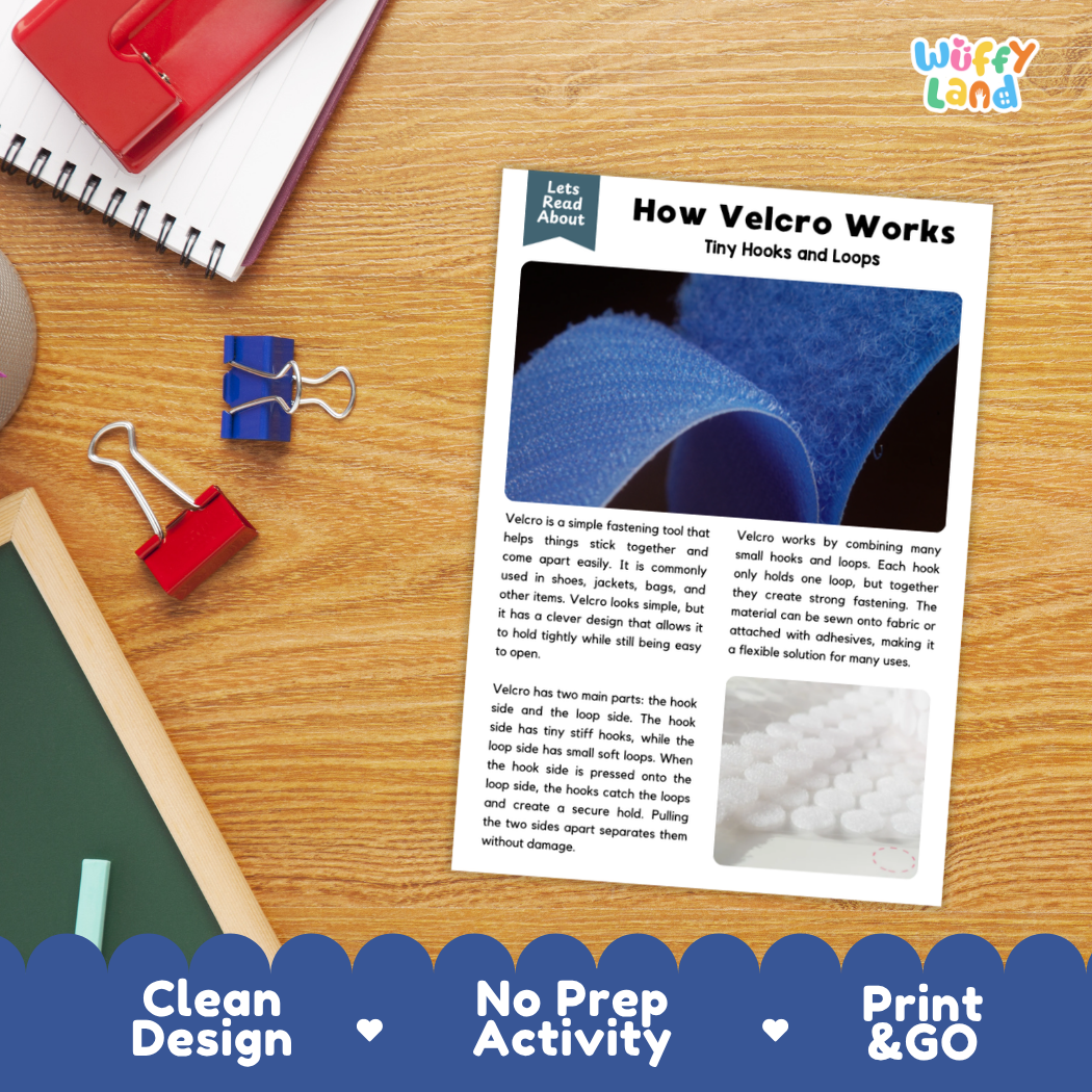 Printable student worksheet with short-answer reading comprehension questions covering Velcro and simple inventions
