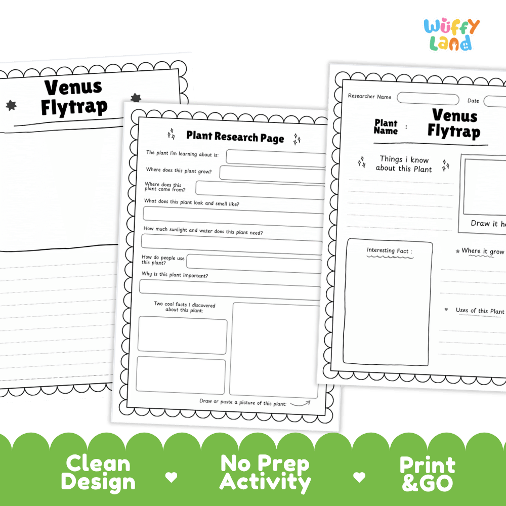 Venus Flytrap Plant Research Page and Worksheets Print and Go Activity