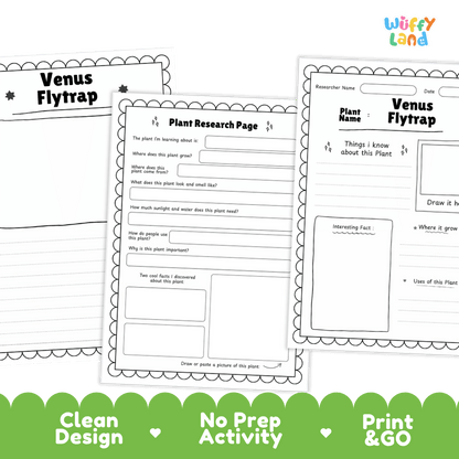 Venus Flytrap Plant Research Page and Worksheets Print and Go Activity