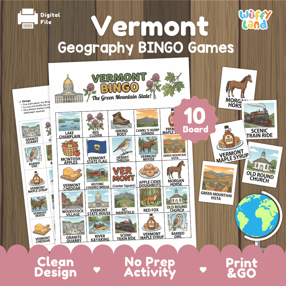 Vermont Geography BINGO Game Green Mountain State Activity Printable Boards