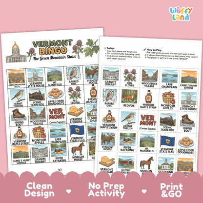 Vermont Geography BINGO Game Green Mountain State Activity Printable Boards