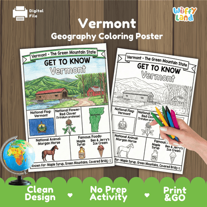 Vermont State Geography Coloring Poster and Activity Worksheet