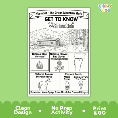 Vermont State Geography Coloring Poster and Activity Worksheet