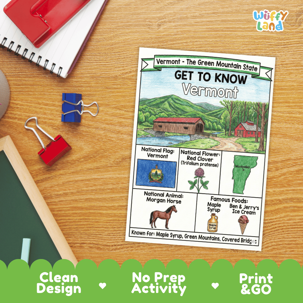 Vermont State Geography Coloring Poster and Activity Worksheet